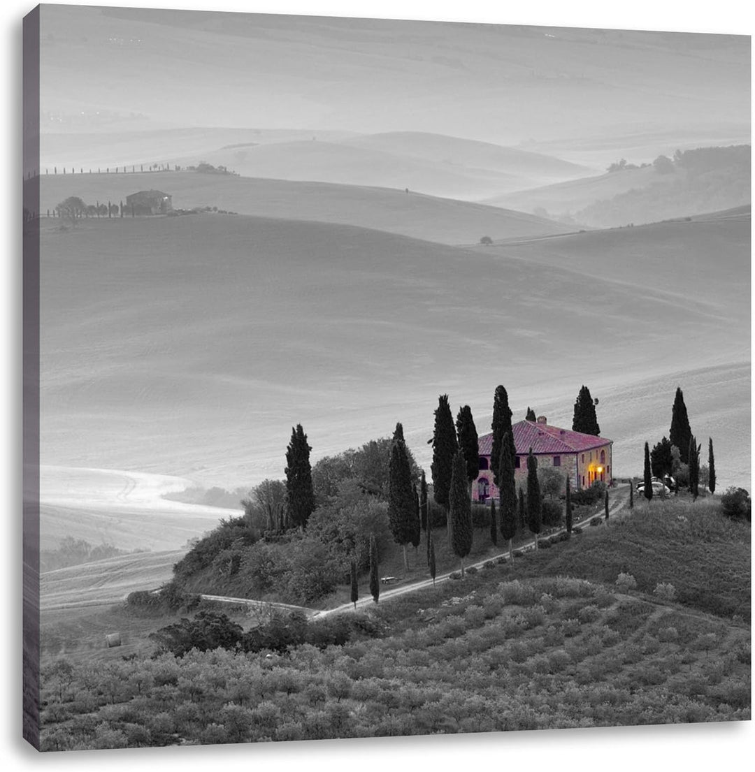 Pixxprint schöne Toskana Landschaft schwarz/weiss, Format: 70x70 auf Leinwand, 70x70