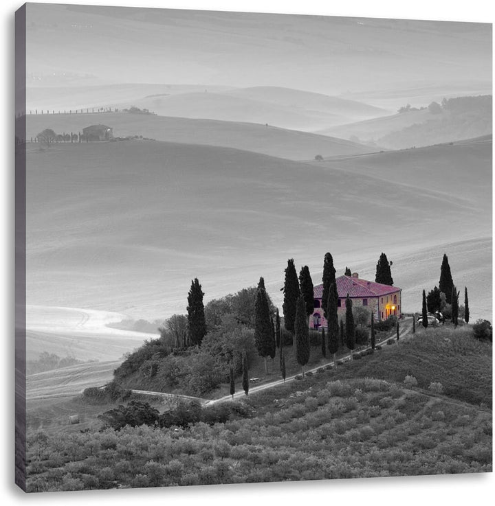 Pixxprint schöne Toskana Landschaft schwarz/weiss, Format: 70x70 auf Leinwand, 70x70