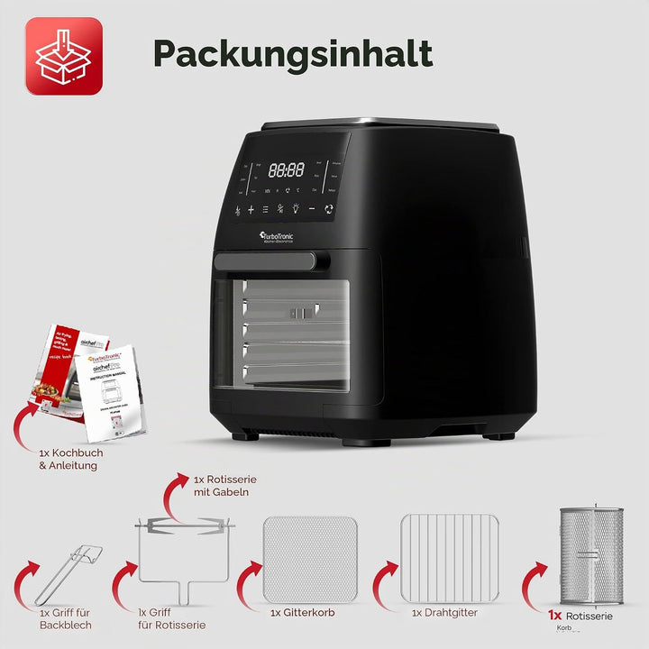 TurboTronic Heissluftfritteuse XXL 12L – Digitale Airfryer & Dörrautomat mit 12 Programmen, Fettfrei