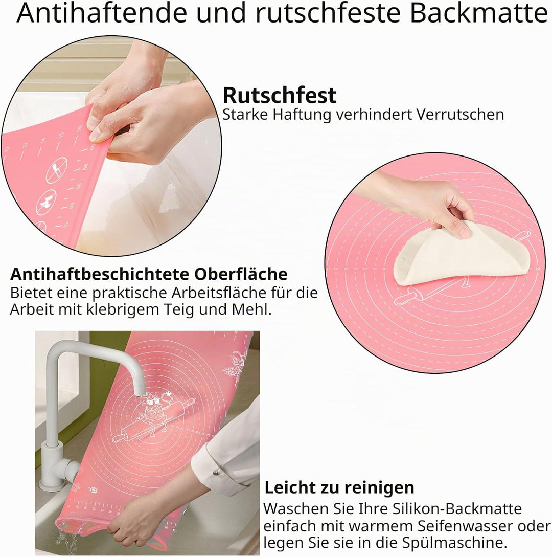 Backunterlage, 80 x 60 cm Gross Rutschfeste Backmatte Silikon mit Messungen und Kantenerhöhung, lebe