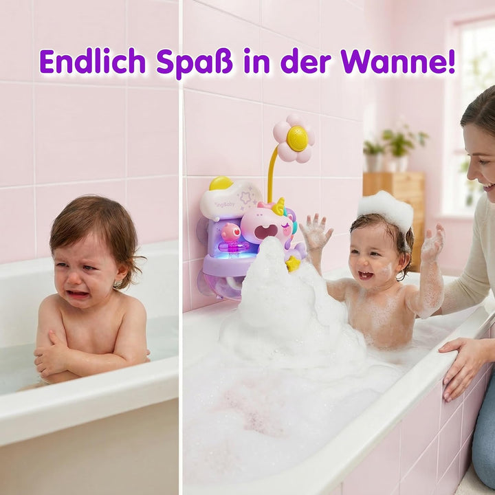 Schaum-Einhorn mit Babydusche, Badespielzeug mit Seifenblasen, Badewannenspielzeug, Baby Wasserspiel