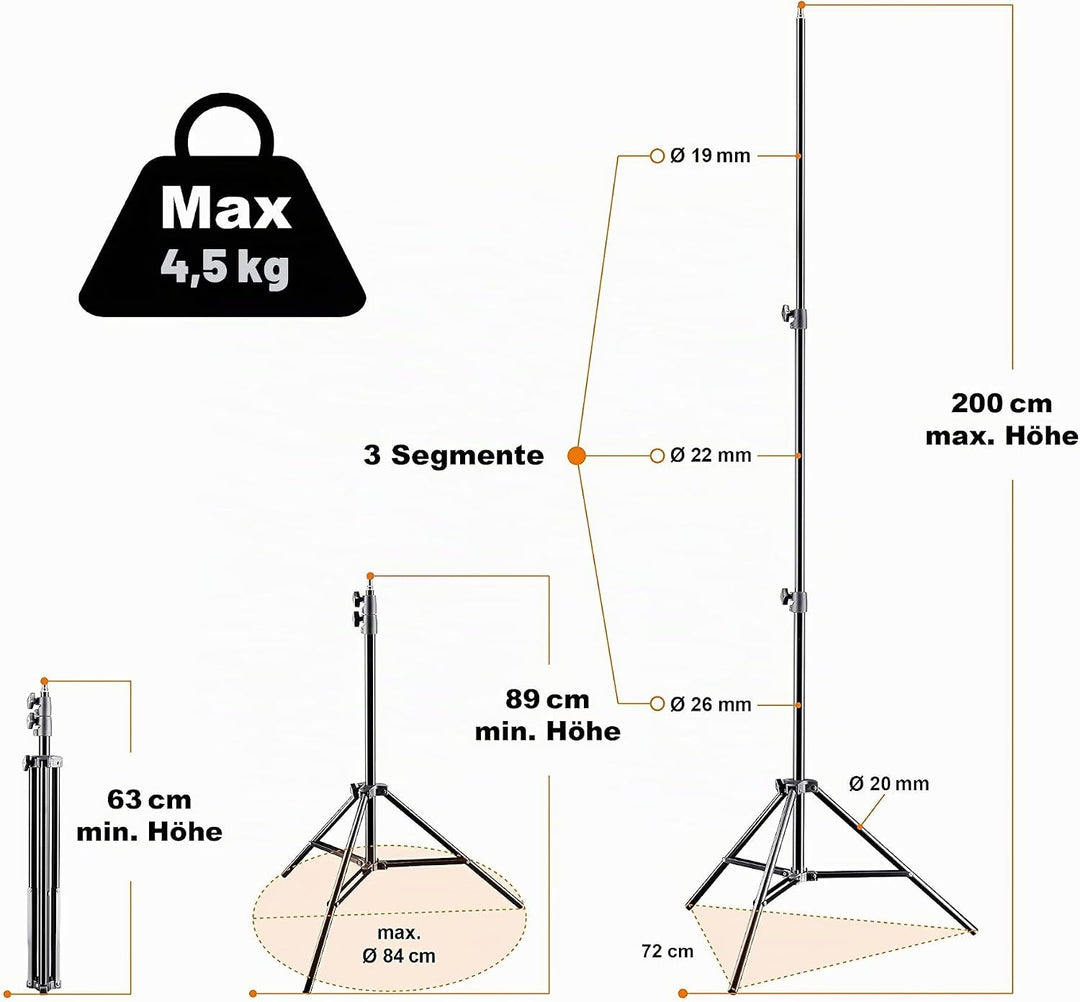 Walimex pro AIR 200 Lampenstativ 200cm - Lichtstativ mit Luftfederung Höhe max 200 cm, 4,5 kg Tragla