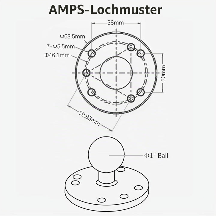 1 Zoll/B-Grösse / 25mm Kugelhalterung aus Aluminiumgusslegierung, AMPS-Loch-Rundplattenbasis, Kompat