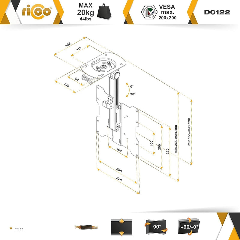 RICOO Monitor & TV Deckenhalterung für Fernseher 13-33 Zoll, Klappbar Schwenkbar Höhenverstellbar, U