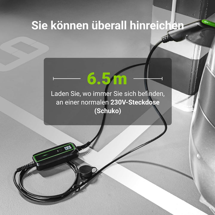 Green Cell EV Ladegerät Typ 2 Ladekabel Schuko für Elektroautos 10A / 16A 3,68kW 6,5m 1-Phasig LCD D