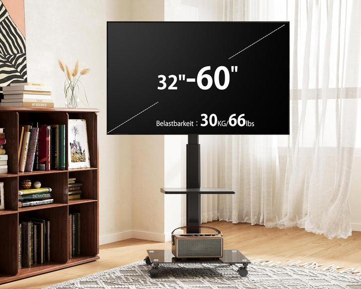 FITUEYES TV Ständer Rollbar TV Rollwagen 2 Ablagen Standfuss Fernsehstand mit Regal höhenverstellbar