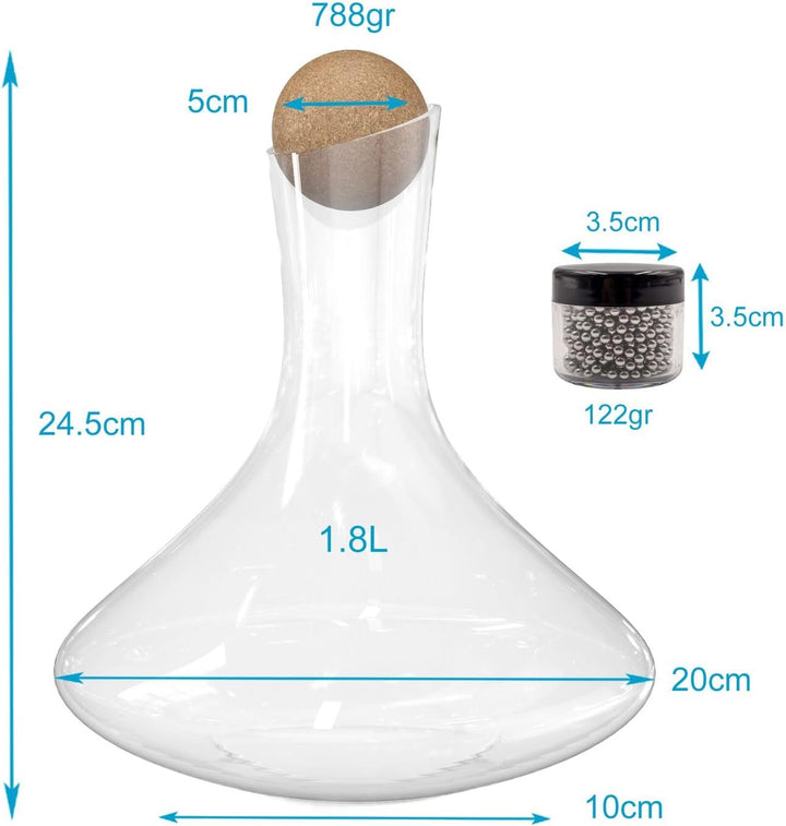Intirilife Glas Karaffe mit 1.8 Liter für Rotwein mit Reinigungsperlen - Dekantierkapazität 750ml -
