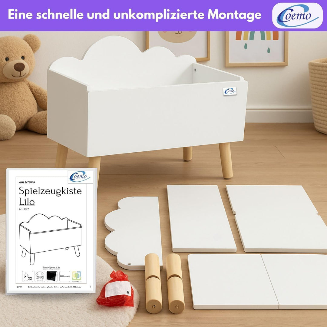 Spielzeugkiste Weiss Kinderzimmer LILO 28x58x44 cm – Aufbewahrungskiste mit Wolkenoptik, robuste MDF