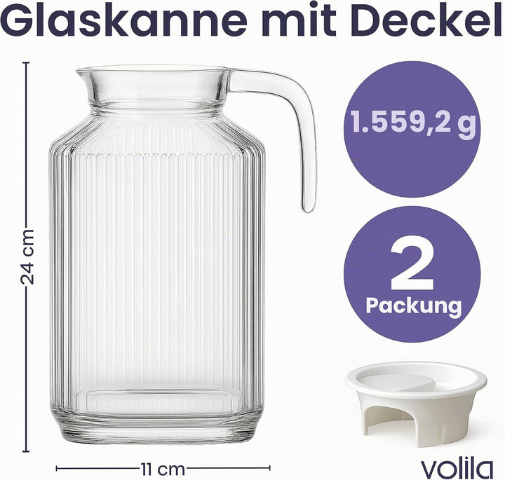Kühlschrankkrug 1,7L Glas Wasserkrug mit Deckel (2er Pack) – Glaskrug Geriffeltem Glasdesign & Griff