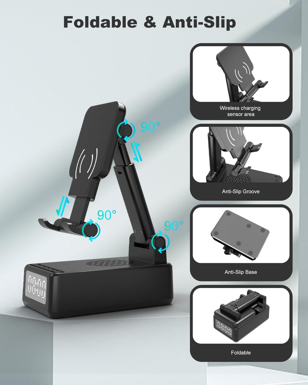 Bluetooth Lautsprecher mit Faltbarer Handyhalterung, 6-in-1 Tragbarer Musikbox, Handy Ständer mit We