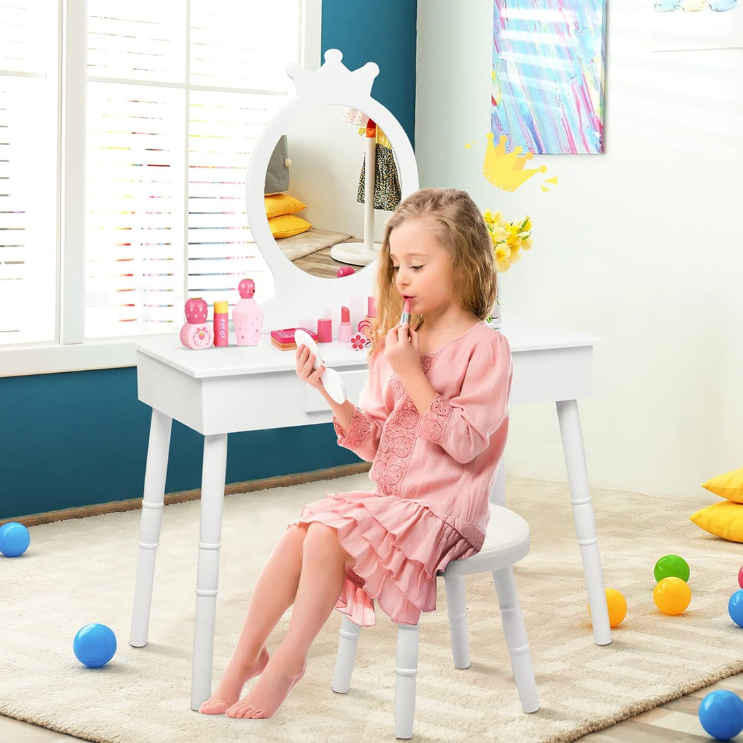 GOPLUS Kinder Schminktisch mit Hocker, Mädchen Frisiertisch mit Spiegel, Kosmetiktisch Kinder mit Sc
