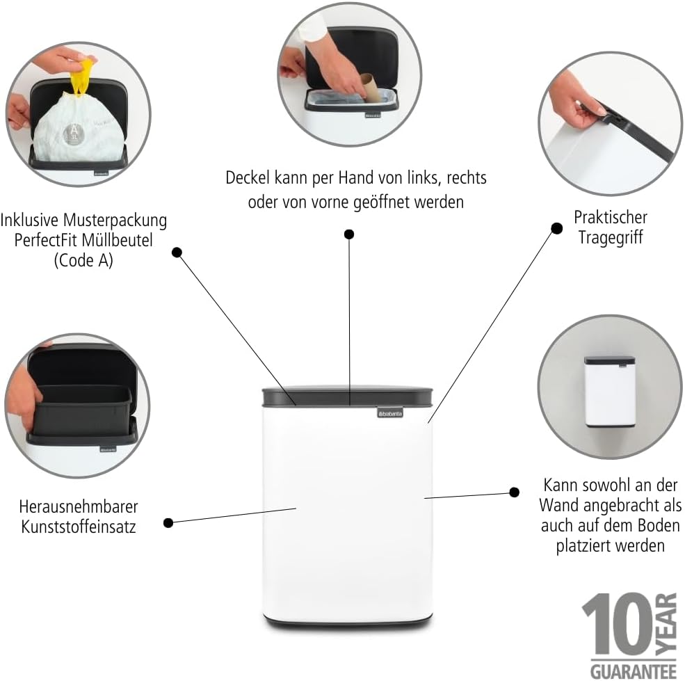 Brabantia - Bo Abfalleimer 4L - Abfalleimer klein &amp; stilvoll - Leicht zu öffnender, sanft schliessen