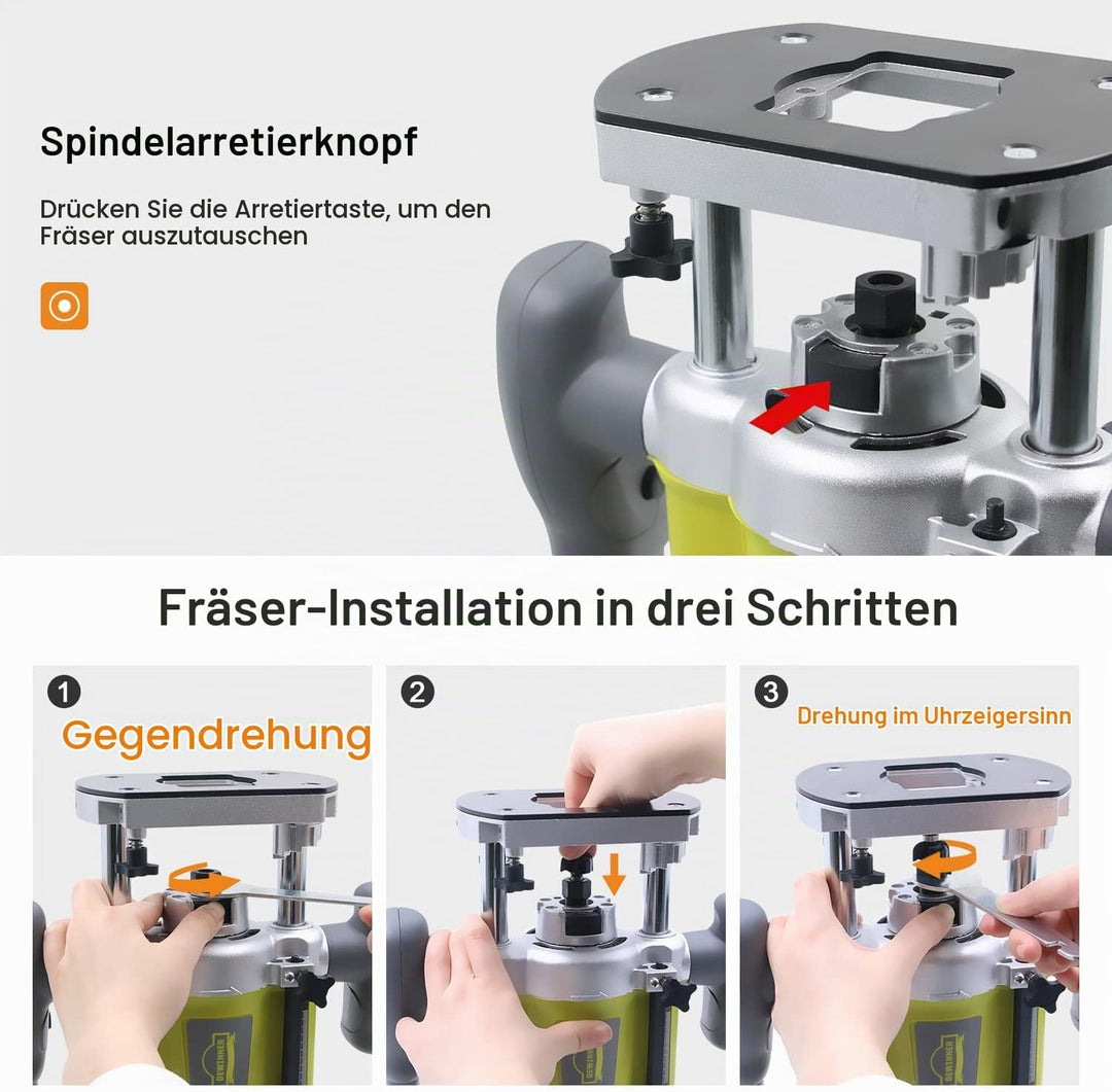 DEWINNER Elektronik Oberfräse Fräser 1200W,Ø 6 und 8 mm,Parallelanschlag,Drehzahlregelung, Absaugada