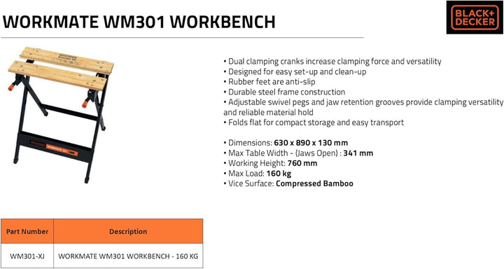 Black+Decker tragbare Werkbank WM301 (freistehend, Abmessung der Arbeitsplatte: 610x250 mm, max. Tra