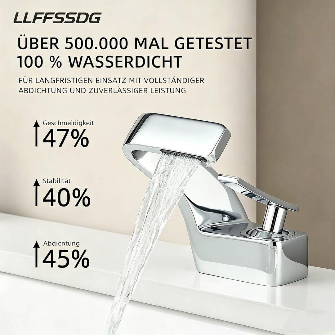 Waschtischarmatur, Wasserfallarmatur, Einhebelmischer Silber Messing, 360° schwenkbar – Armatur Bade