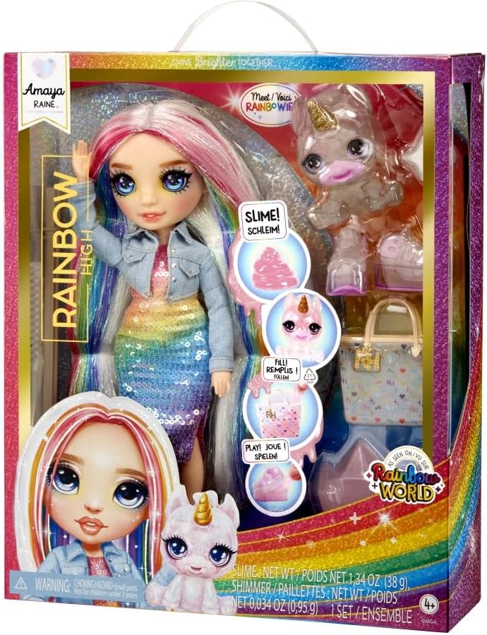 Rainbow High Modepuppe mit Schleim & Haustier - Amaya (Regenbogenfarben) - 28 cm Schimmernde Puppe m