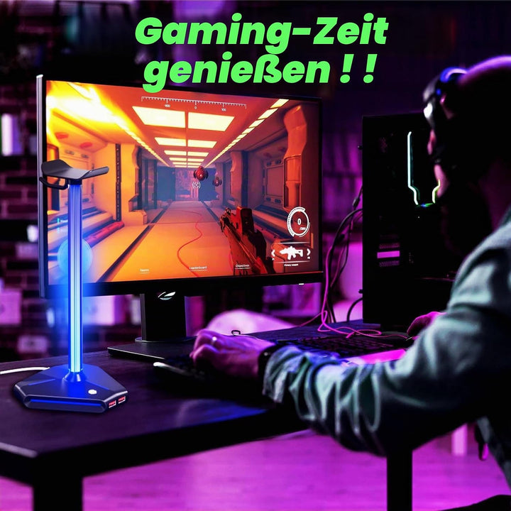 ALACOO RGB Kopfhörer Ständer, Headset Halterung Halter mit 2 USB 2.0-Anschlüssen, Typ C Eingang & Au