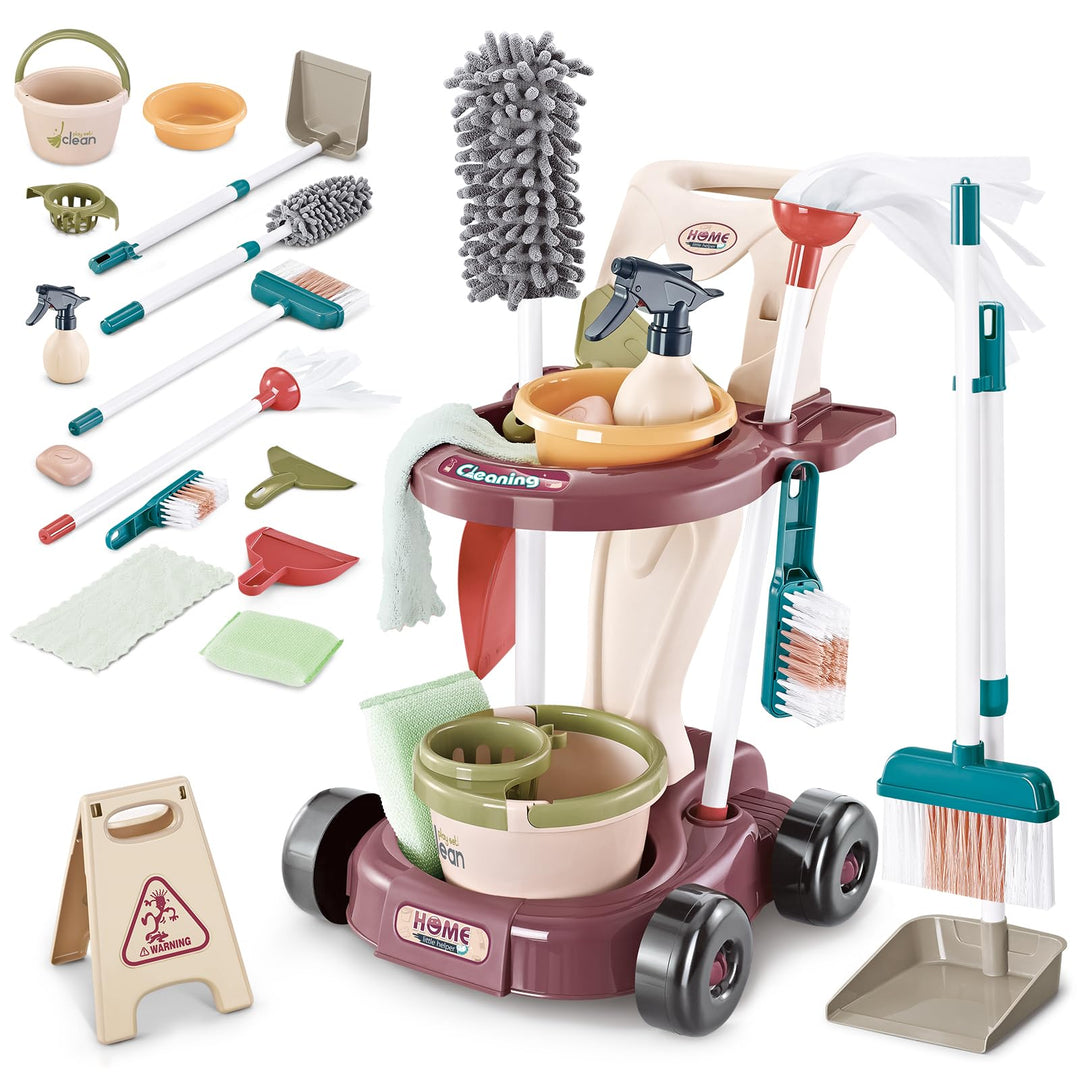 deAO Kinder Putzwagen - Putzset mit Wischmop, Eimer, Besen, Staubsauger, Bürsten, Kehrschaufel, Hand