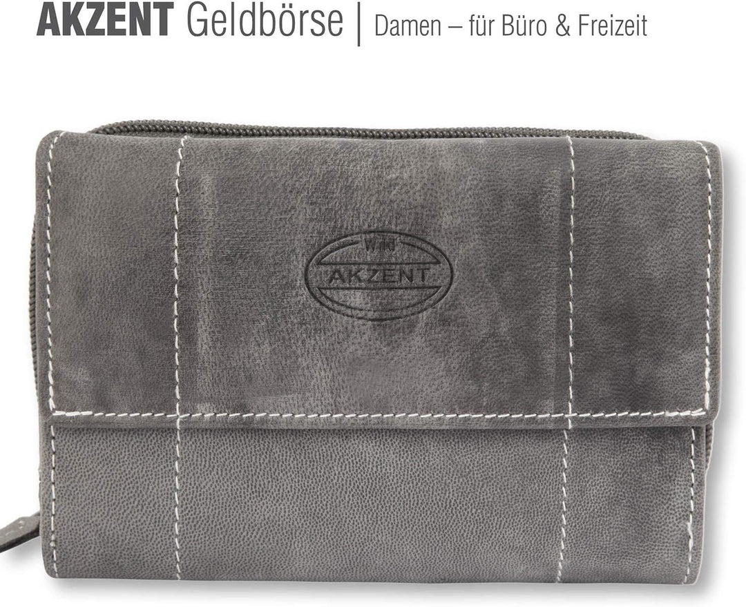 Akzent Damen Geldbörse aus Echtleder Grau Format 14 x 9 cm, Grau