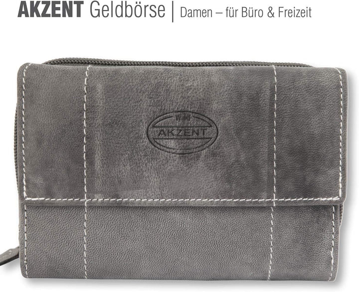 Akzent Damen Geldbörse aus Echtleder Grau Format 14 x 9 cm, Grau