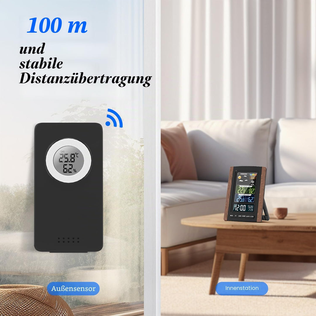Wetterstation Funk mit Aussensensor, Farbdisplay, Wettervorhersage, Temperatur, Luftfeuchtigkeit, We