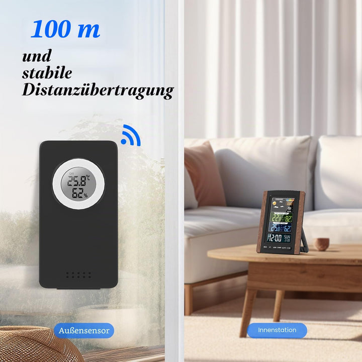 Wetterstation Funk mit Aussensensor, Farbdisplay, Wettervorhersage, Temperatur, Luftfeuchtigkeit, We