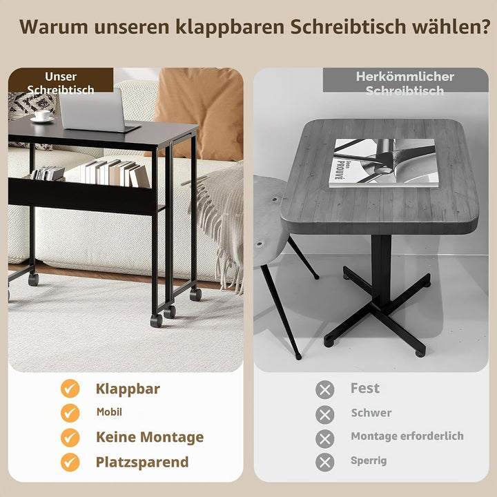 Garvee Klapptisch mit Rollen, 80x50x75 cm (Gesamthöhe), 31.5 Zoll Arbeitsplatz Tisch aus Sperrholz &amp;
