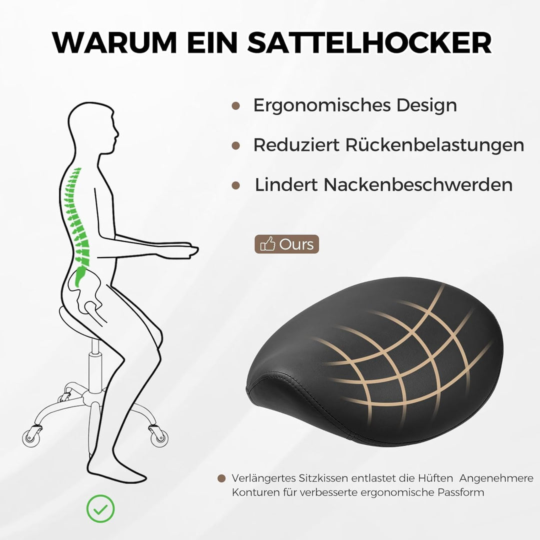 BEWISHOME Sattelhocker Höhenverstellbar, Sattelhocker mit Rollen, 360° Drehhocker Rollhocker, Ergono