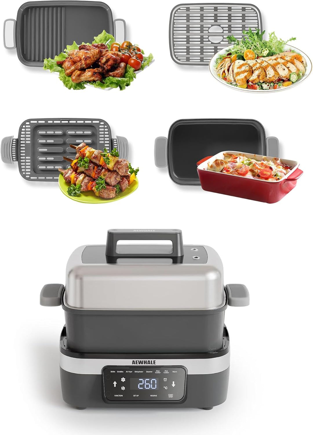 AEWHALE 8-in-1 Multikocher mit Air Fryer 4.25L, Reiskocher, Slow Cooker, Dampfgarer& Warmhaltefunkti