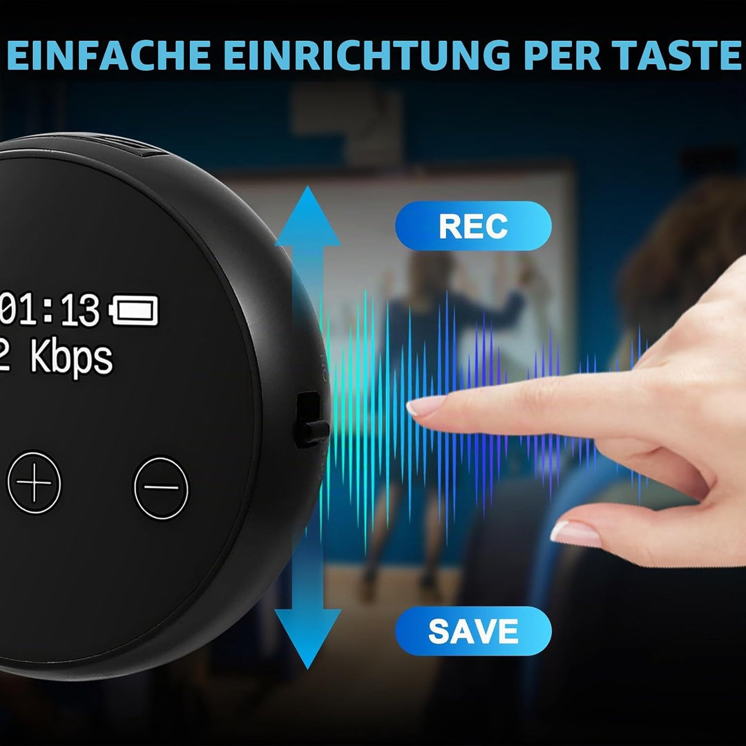 Digitales Diktiergerät, 64 GB, 3072 Kbps, Sprachaktivierung, Geräuschreduzierung, USB-Aufladbar, Mag