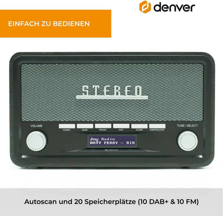 Denver DAB Radio DAB18, Radio mit Bluetooth, Retro Radio aus Holz, FM Radio, DAB, DAB+, AUX, Batteri