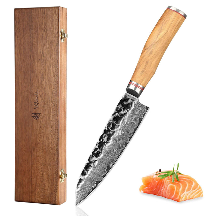 Wakoli Olive Santoku Messer aus echtem Damaststahl (VG10 Kern) 17cm Klinge – Scharfes Damast Küchenm