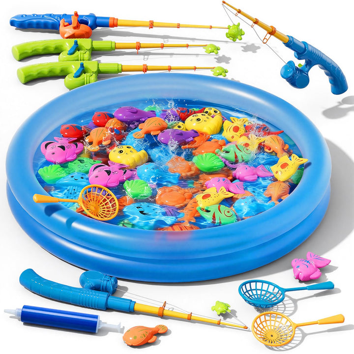 Magnetisches Angelspiel mit Aufblasbarem Pool, 60 Schwimmende Fische, 5 Angelruten &amp; 3 Netze, Baden