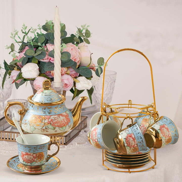 Blau Blume Porzellan Teeservice, Rose Ceramic Tea Set, Vintage Tea Set with Teapot, Metallständer, 1