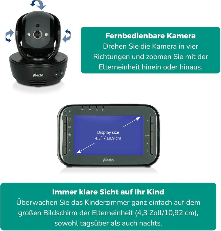 Alecto DVM200MBK Funk Babyphone steuerbarer Kamera - 100% störungsfreie Babyfon - Indoor Baby Monito