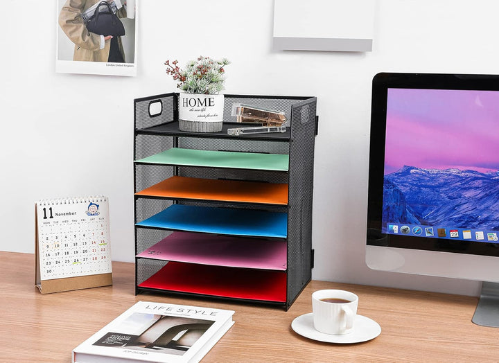 6 Ebenen Papier Organizer Briefablage Organizer, Mesh Metall Schreibtisch Akten Organizer mit Griff,