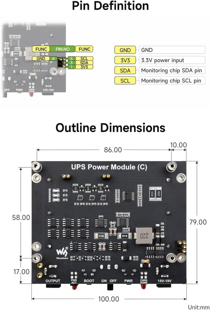 Waveshare Uninterruptible Power Supply UPS Module (C) for Jetson Orin, Supports 21700 Li Batt (NOT I
