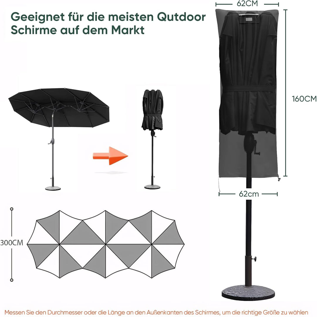 Sekey Schutzhülle für DoppelSonnenschirm, Abdeckhauben für Sonnenschirm 160cm x 62cm Schwarz, 160cm