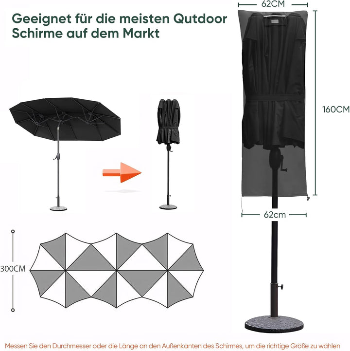 Sekey Schutzhülle für DoppelSonnenschirm, Abdeckhauben für Sonnenschirm 160cm x 62cm Schwarz, 160cm