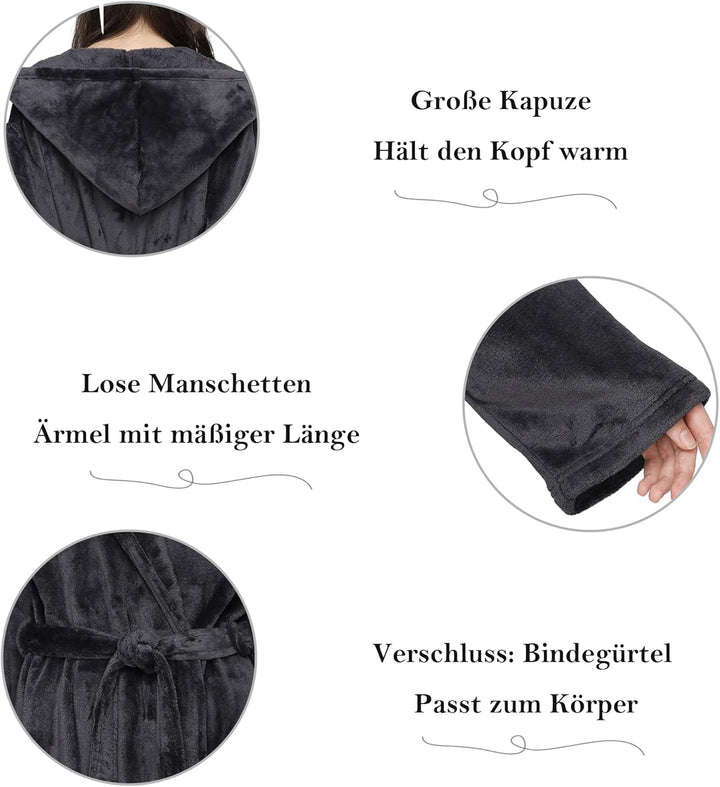 Mnemo Bademantel Damen Lang mit Kapuze Bademantel Damen Frottee Bademantel Damen Flauschig Grau M, G