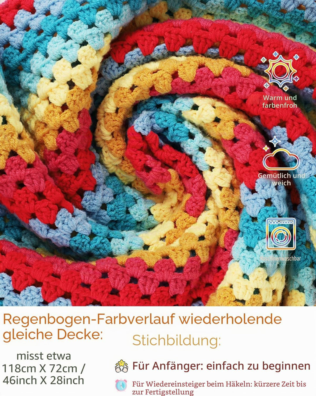 Aeelike Rainbow Blanket Crochet Kit - Häkelsets für Anfänger Erwachsene mit Anleitung, Schritt-für-S