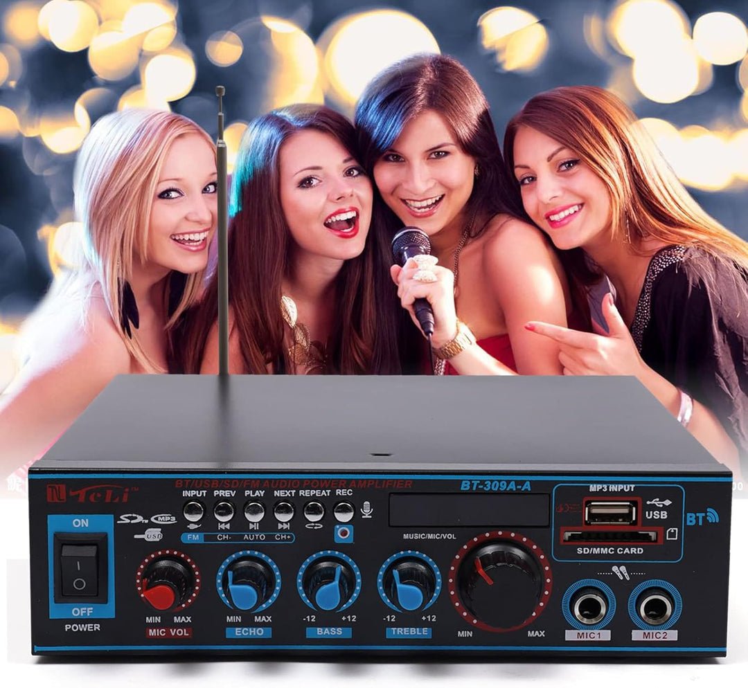 MBUYI HiFi Verstärker mit Bluetooth, Stereo Audio Receiver mit 2 Mikrofoneingang Echo, Amplifier End