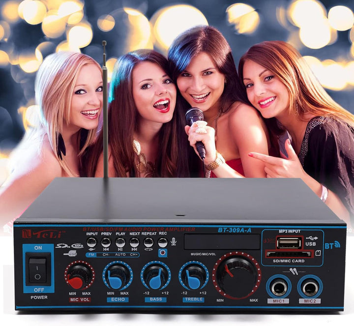 MBUYI HiFi Verstärker mit Bluetooth, Stereo Audio Receiver mit 2 Mikrofoneingang Echo, Amplifier End