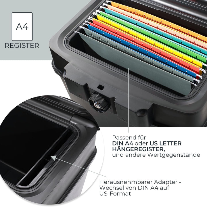 HMF 250453 Feuerfeste Wasserdichte Dokumentenbox | DIN A4 | Hängeregister | schwarz DIN A4, Register