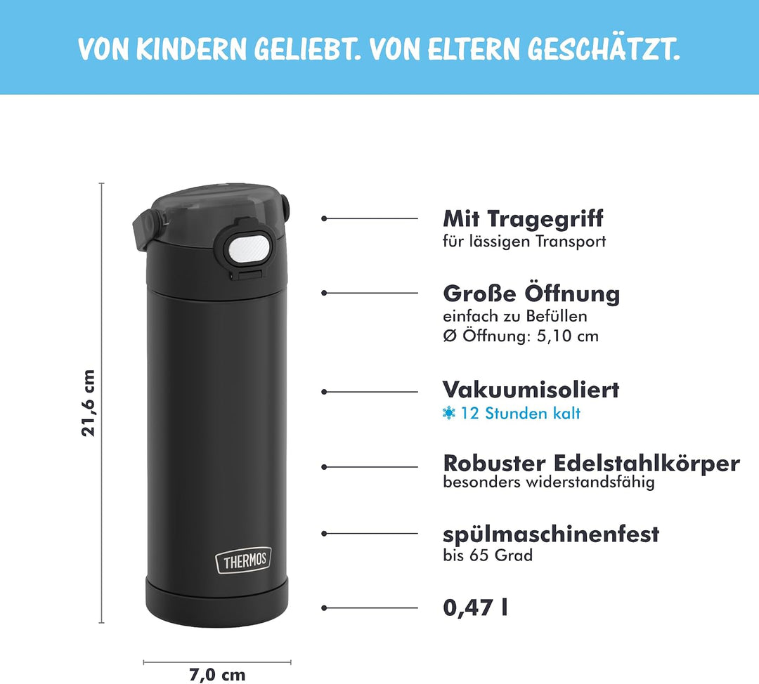 THERMOS kids FUNTAINER Trinkflasche 0,47 l, 12 h kalt, black | Edelstahl-Trinkflasche, spülmaschinen
