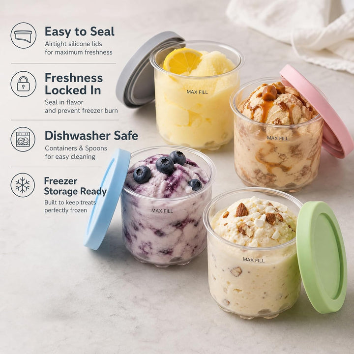 4er-Set Ersatzbehälter Mit 4 Löffel, 473ml Eisbehälter Und Abdeckung, Kompatibel Mit Ninja Creami NC
