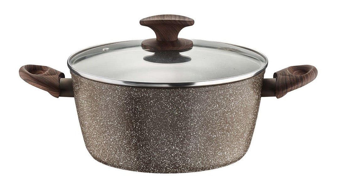 Pintinox Kasserolle aus Aluminium, Serie Natura, antihaftbeschichtet, Steinoptik, Griff in Holzoptik