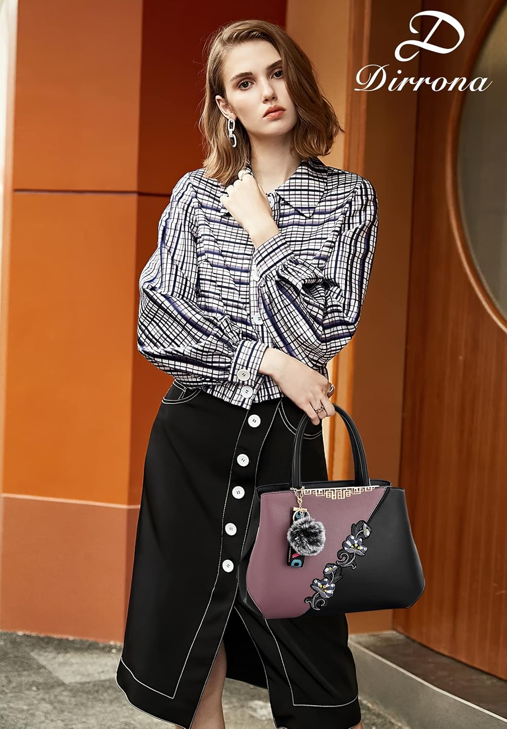 DIRRONA Handtasche Damen Gross – Umhängetasche & Tote Bag mit Blumenstickerei und Pom-Pom-Dekoration
