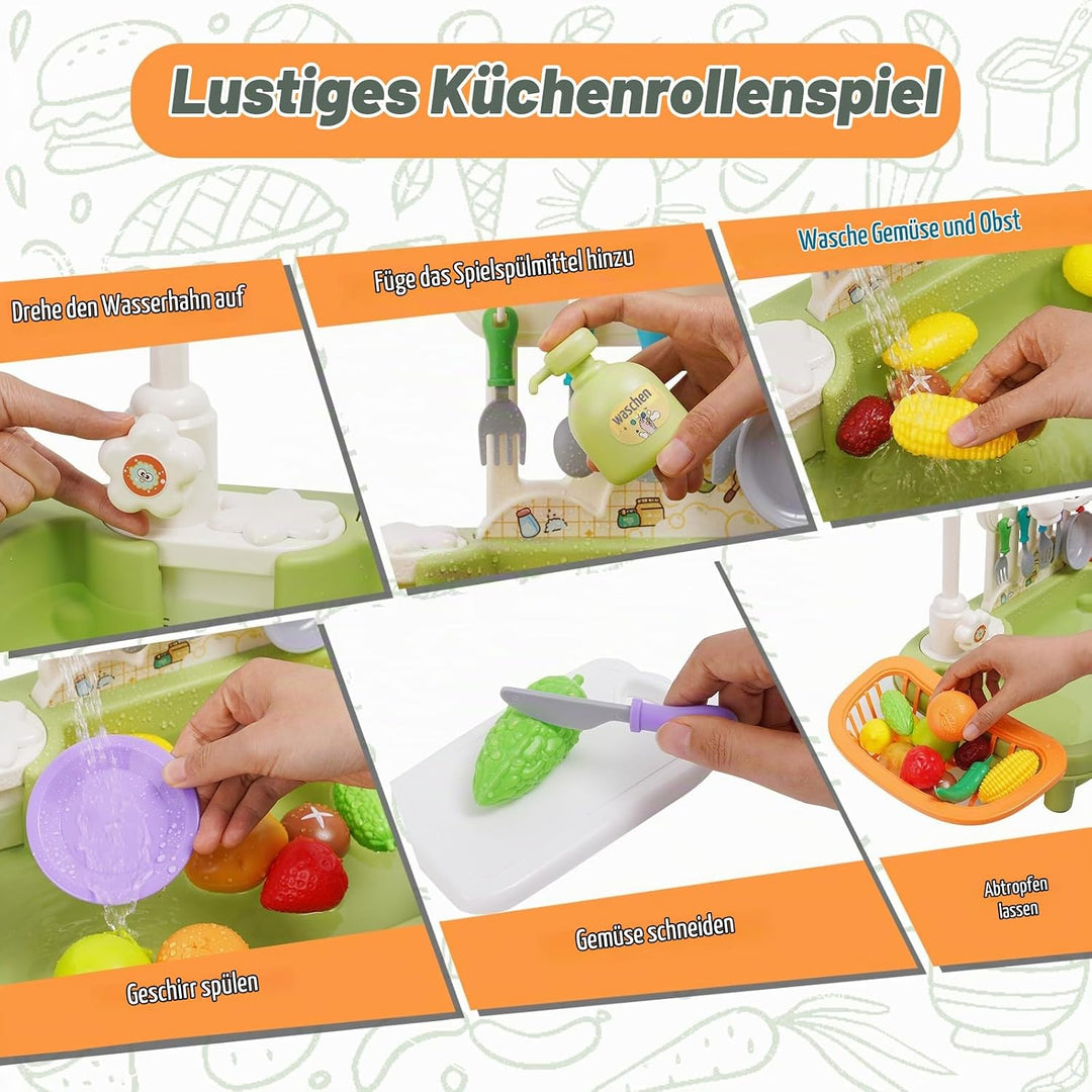 Kinder Spielküche mit Spülbecken,Wasserhahn,Geschirr und Zubehör,Küchenspüle Spielzeug Set mit Wasse