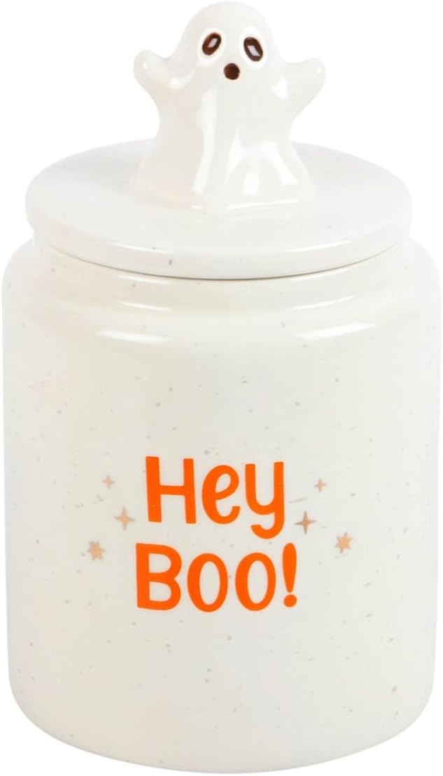 Horror-Shop „Hey Boo“ Weisser Halloween Vorratsbehälter aus Keramik 17 cm